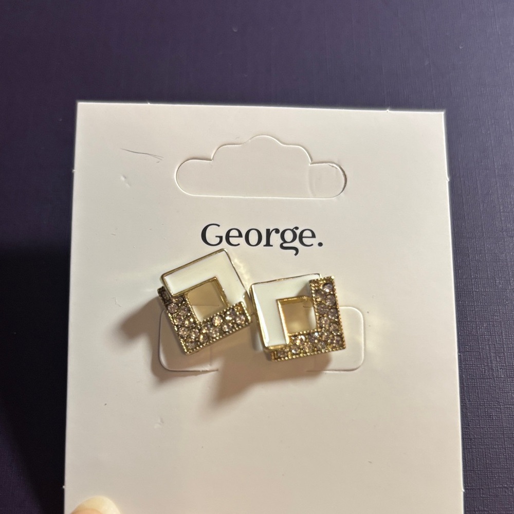 George Chic Gold-Tone White Enamel & Rhinestone Square Stud Earrings